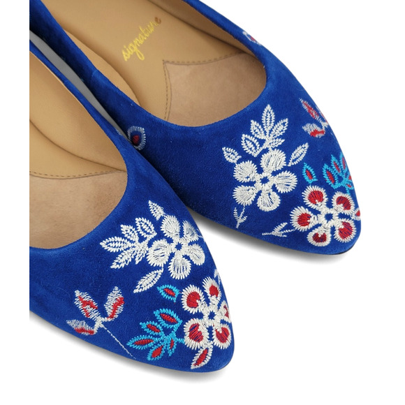 Trotters Estee Embroidered Suede Flats Blue Floral Leather Slip-On Ballet Shoes - Picture 3 of 6